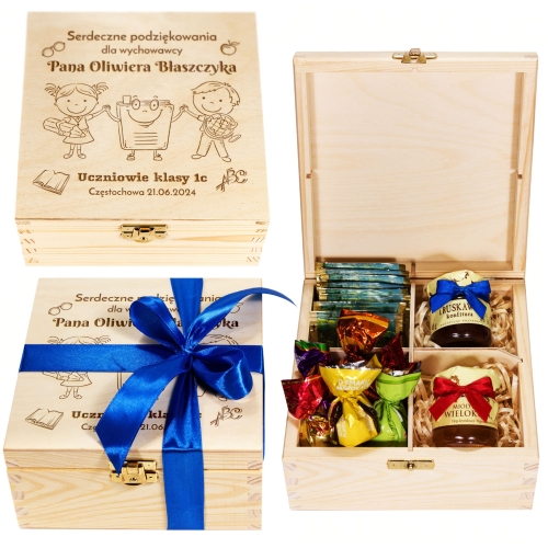 POMYSŁ NA PREZENT DLA NAUCZYCIELA pudełko słodkości z grawerem
