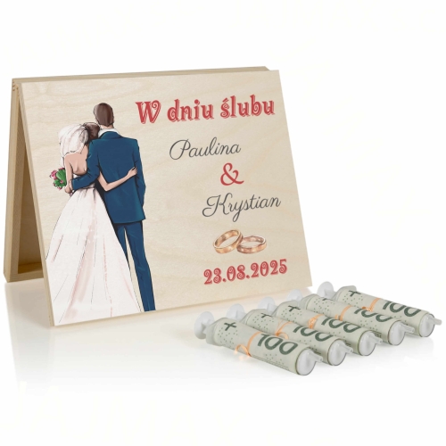PIĘKNA PAMIĄTKA ŚLUBNA pudełko z życzeniami na gotówkę nadruk