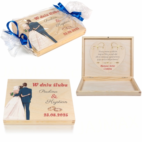 PIĘKNA PAMIĄTKA ŚLUBNA pudełko z życzeniami na gotówkę nadruk
