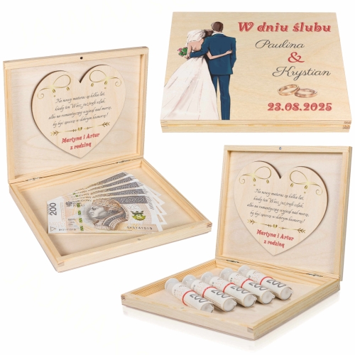PIĘKNA PAMIĄTKA ŚLUBNA pudełko z życzeniami na gotówkę nadruk