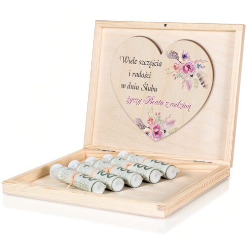 Kartka z życzeniami DREWNIANE PUDEŁKO NA PIENIĄDZE prezent ślubny