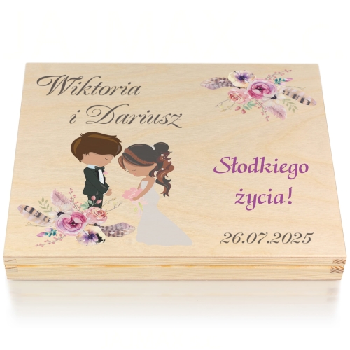 Kartka z życzeniami DREWNIANE PUDEŁKO NA PIENIĄDZE prezent ślubny
