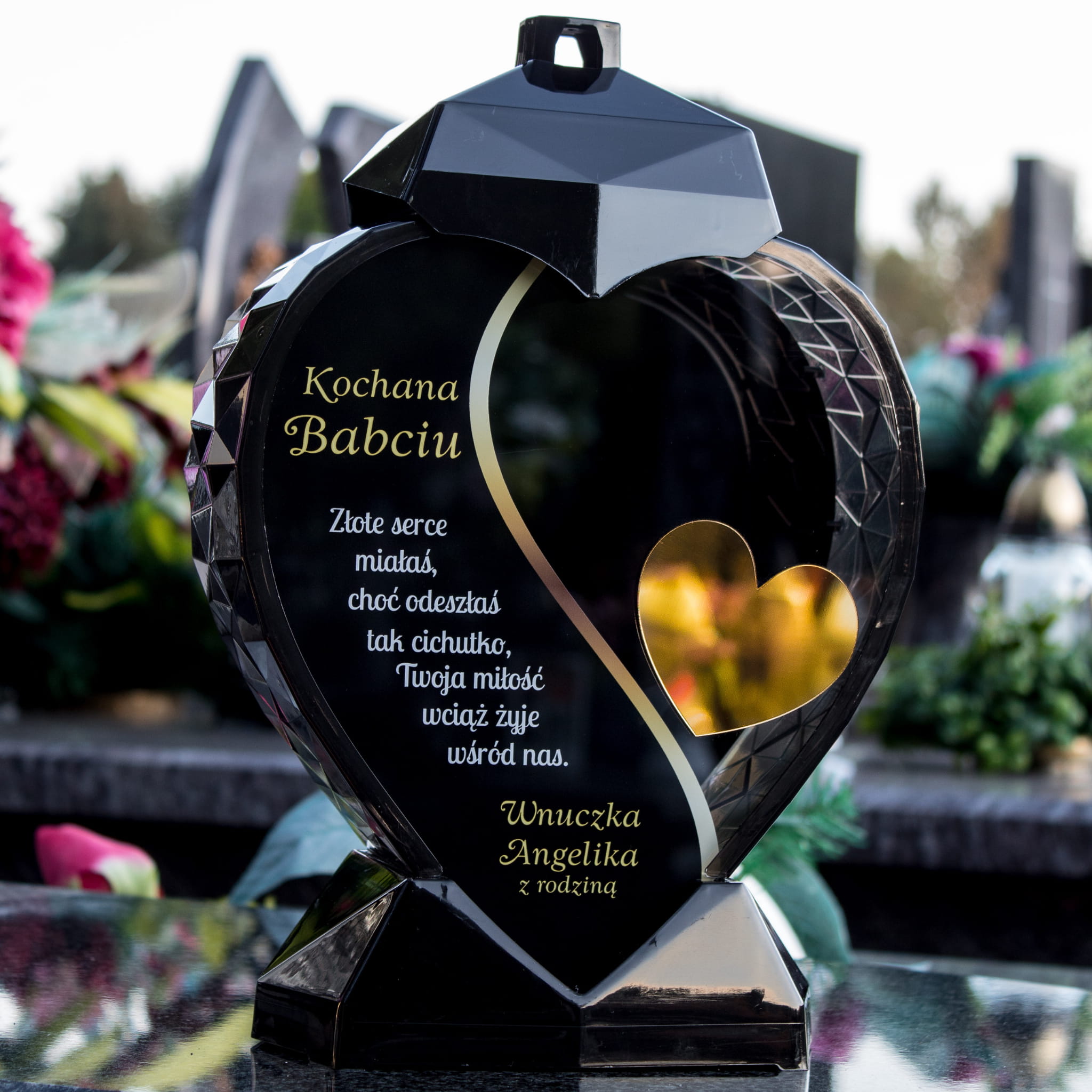 Znicz LED serce z grawerem dekoracja na groby dla Babci Dziadków