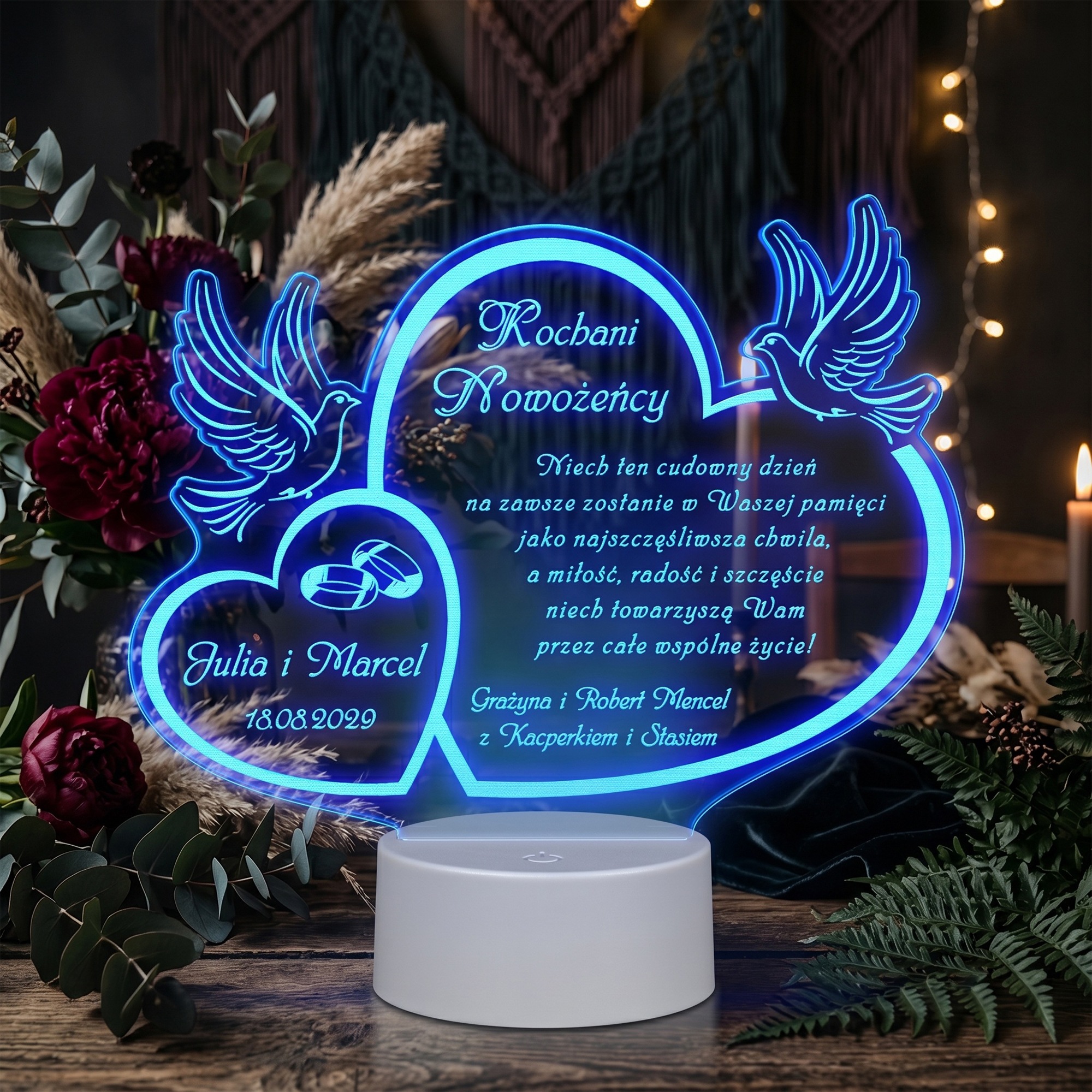Prezent na Ślub Statuetka LED z Grawerem dla Pary Młodej