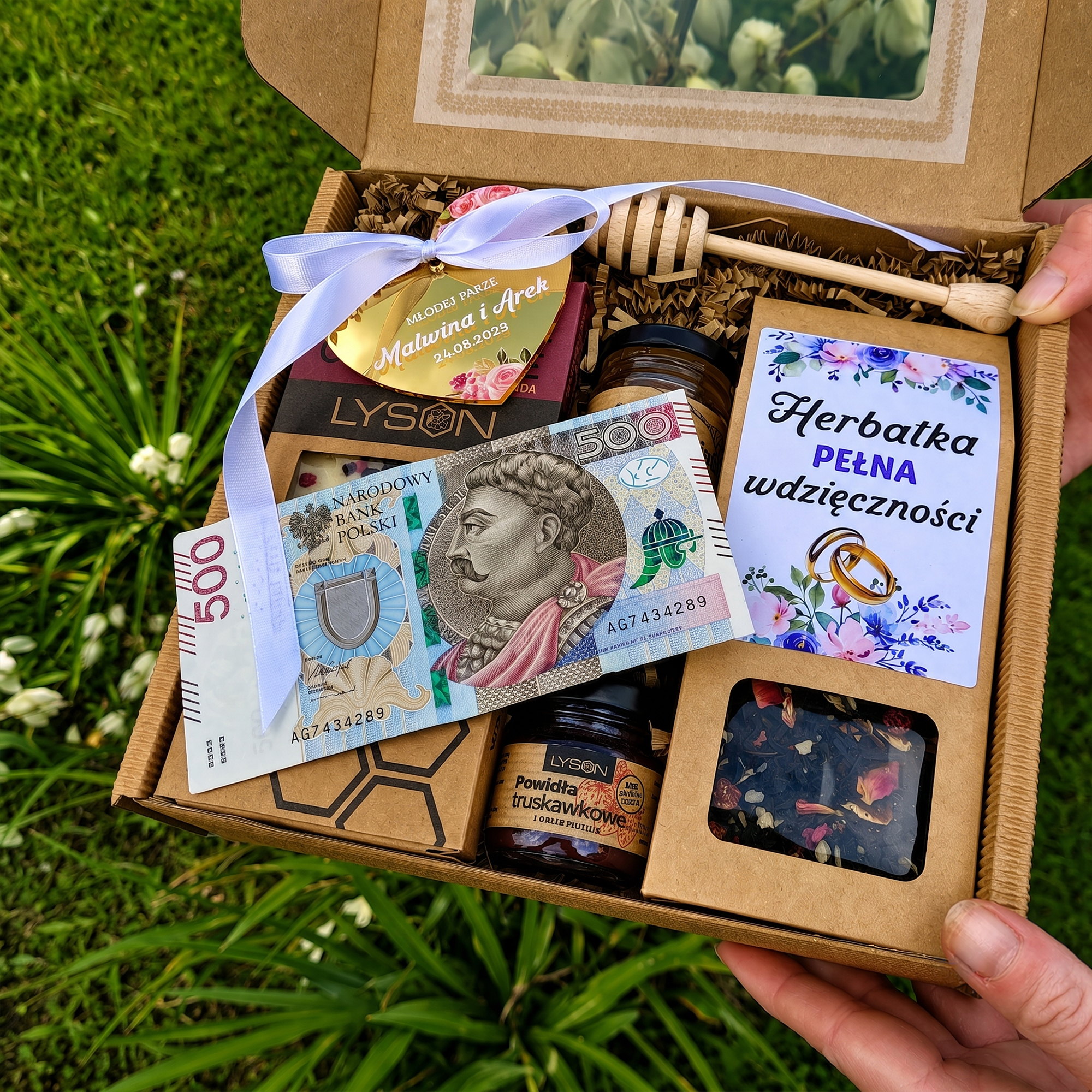 Prezent na Ślub Box na Pieniądze Miód Herbata Czekolada