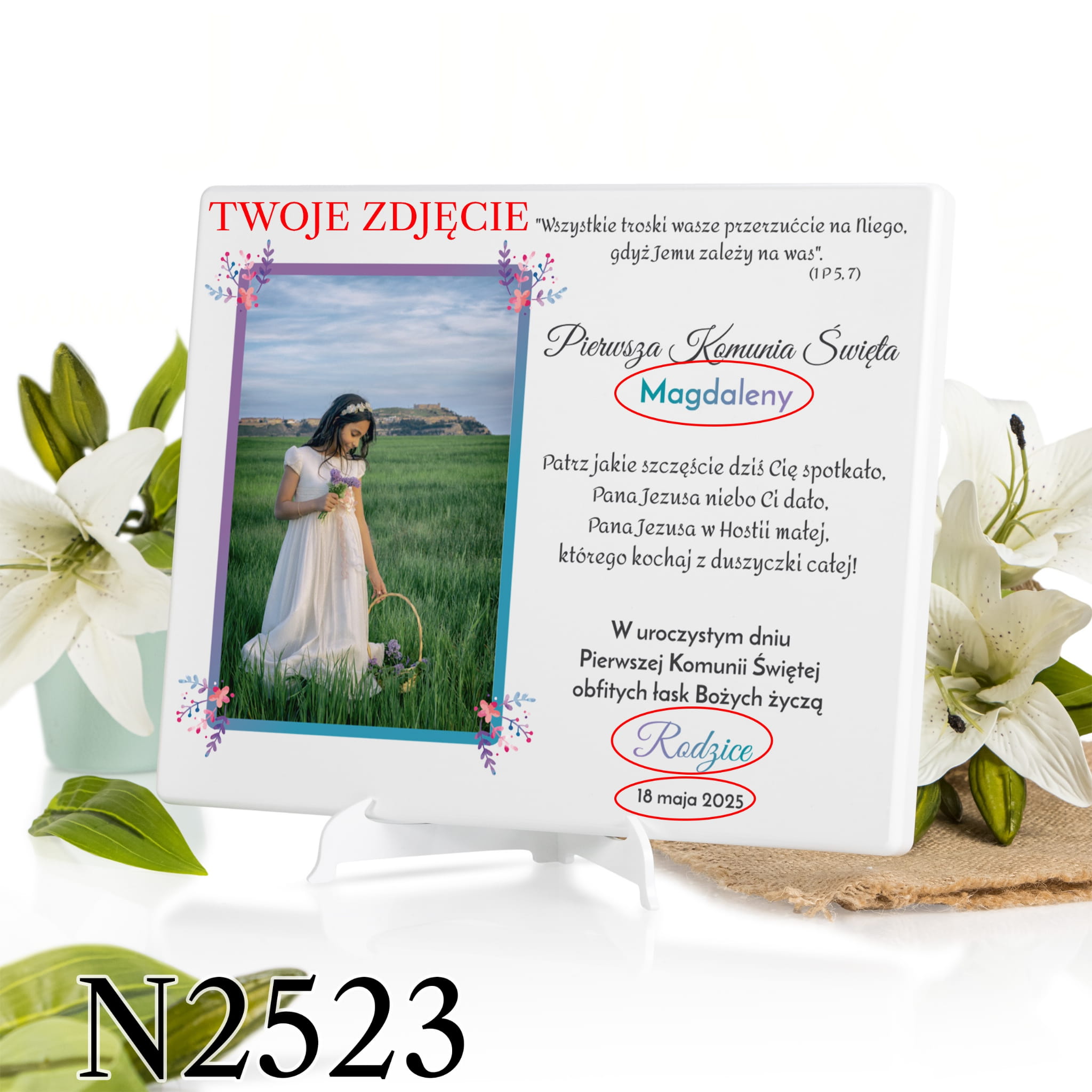 BIAŁY OBRAZEK ZE ZDJĘCIEM DZIECKA pamiątka na komunię nadruk ONLINE